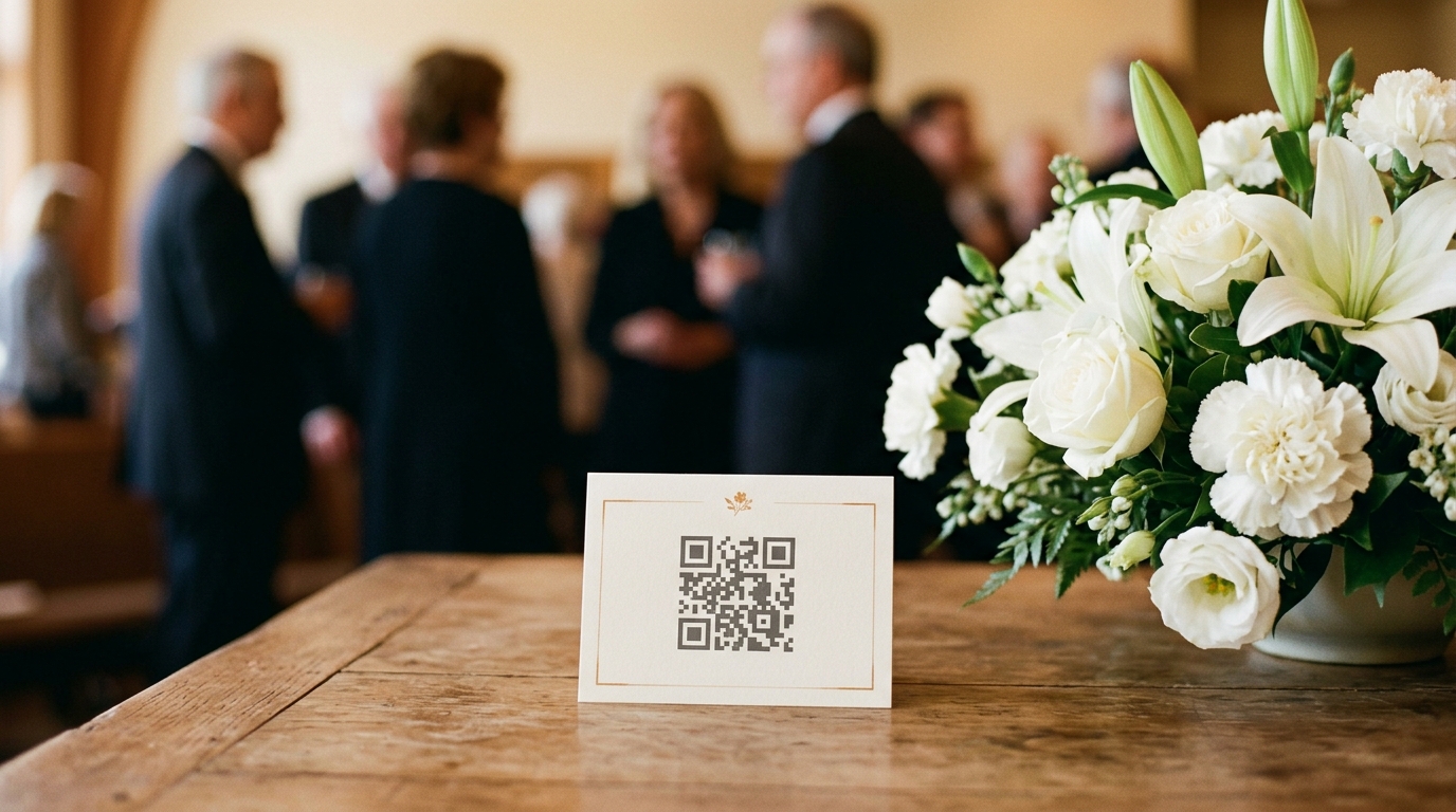 QR code card placed beside flowers at a wake
