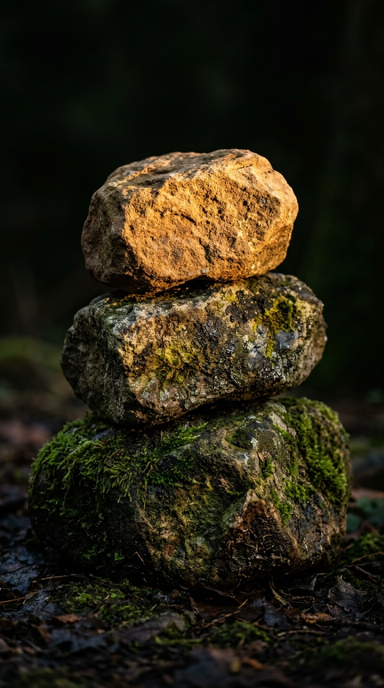 Three stones stacked, amber capstone